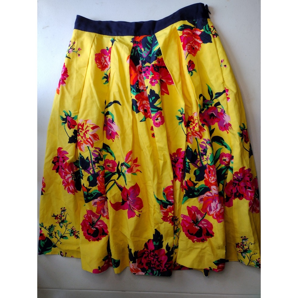 1901 Yellow Floral Pleated Midi Skirt Size 8 Navy Grosgrain Waist Tropical